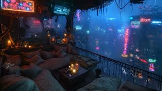 🎵 Cozy Balcony Oasis: Rain and Ambient Music | Cyberpunk Bedroom above the City | 4K | 10 hours