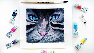 Watercolor Cat with Blue Eyes Painting Tutorial - Loose Watercolor Sketch