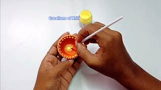 Simple orange diya decoration idea at home | easy diya decoration with colour | diya painting idea