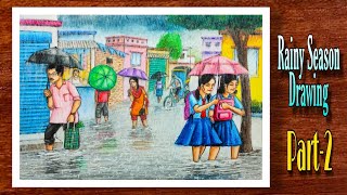 Rainy Season Drawing | Rainy Day Drawing | Monsoon Scenery Drawing with Oil pastel | Part-2