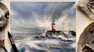 Paint A STORMY SEA & SKY Loose Watercolor Landscape Painting, CRASHING WAVES Watercolour Tutorial