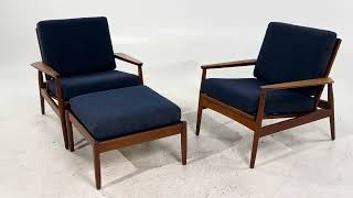 Arne Vodder Style Mid Century Danish Teak Lounge Chairs and Ottoman - Pair