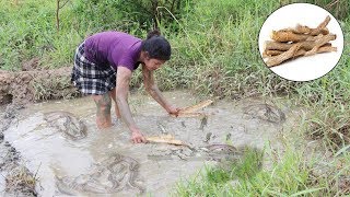 Pretty Girl use Tree Skins to catch the fish in natural lake Classic fishing way - Life Adventure