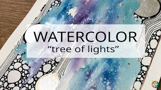 abstract watercolor painting + doodling: tree of lights