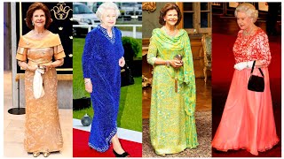 Queen Silvia of Sweden And Queen Elizabeth iconic look in Different colours of dress design