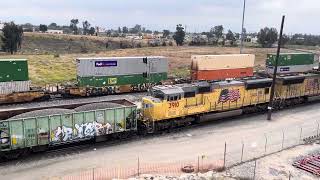 UP 3894 Ballast Meets UP 6459 Leads Eastbound Intermodal Train Passes Through West Colton Yard