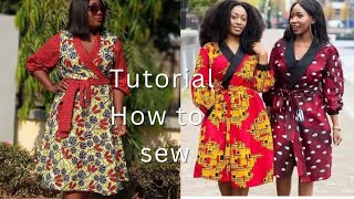 easiest WRAPPED DRESS WITH SHAWL COLLAR And PUFF SLEEVE/ pattern drafting and sewing detailed how to