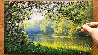 Landscape painting techniques - Acrylic paint / Beautiful lake landscape / A Lu Art.