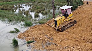 New Active!! Process Filling Land By Small Bulldozer Push Land Into Mud Water With 5Ton Dumb Trucks