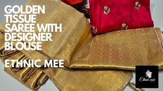 Golden tissue saree with  designer blouse | budget party wear collection | online shopping