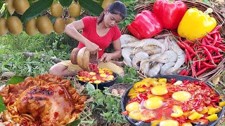 Stomach  pork braised, Grilled Chicken egg shrimp spicy in the clay , Pick natural fruit +6 video