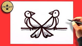 How to draw two birds sitting on a branch easy