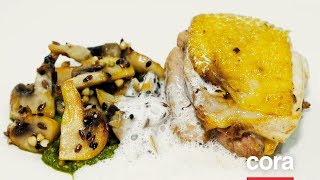 Recept - Gebakken kippenbout met citroengras, emulsie van gegrilde knoflook, gebakken champignons