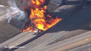 Watch exploded petrol tanker light up motorway as firefighters battle giant blaze