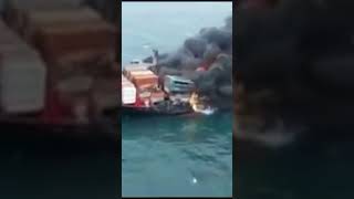 Container Ship On Fire, Chemical Reaction On Chemical Container, Dense Smoke Coming Out From Fire