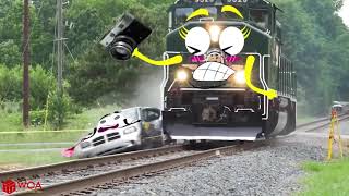 Train Crash   Monster Trains Crush Cars on Railroad   Woa Doodland