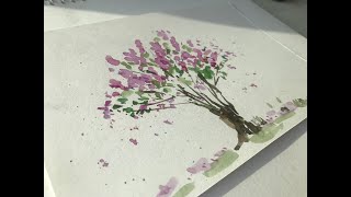 Watercolor Painting / Lilac Flowering Tree