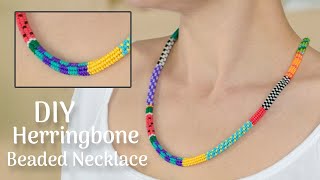 DIY Colourful Beaded Necklace Tutorial | Patterned Herringbone Stitch With Seed Beads