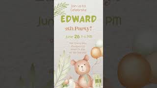 Bear Birthday Invitation Beary Birthday Boho Teddy Bear Cute Green Pampas Grass Balloons