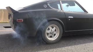 Tearing it up in an old Datsun