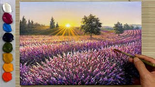 Lavender painting technique / Beautiful flower field landscape / Acrylic painting technique.