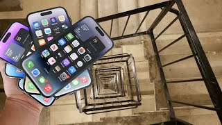 Dropping a Stack of (7) iPhone 14 Pro's Down Crazy Spiral Staircase 300 Feet - Will They Survive?