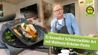 So pochiert man Eier - Rezept zu Ei-Benedict nach Schwarzwälder Art mit Walnuss-Kräuter-Pesto