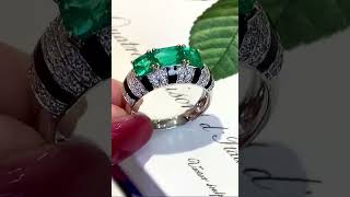 Luxury Natural Emerald Ring with Diamonds, Unique Art Deco Design, Precious Gift for Her