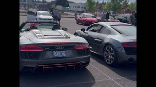 His and Hers Audi R8s Leaving Cars and Coffee