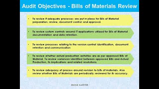 Internal audit of Bills of Materials / Product Recipe / Product Design..