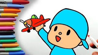 How To Draw a Cute Pocoyo Easy playing with Aeroplane | Aeroplane Drawing Easy