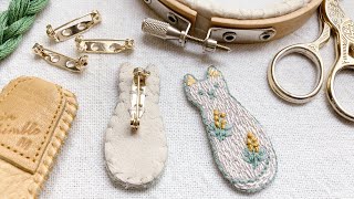 【無料図案あり】ねことミモザのブローチの作り方／刺繍ブローチ