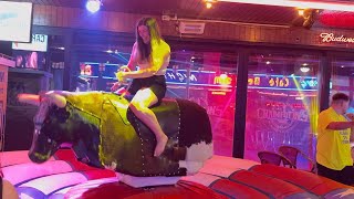 Mechanical bull riding with party in hotel marina resort Benidorm July 27th 2024