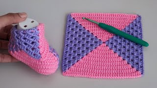 Yeni Tasarım Örgü Bebek Patiği Modelleri - Beginner Crochet Square Baby Shoes Design - Baby Booties