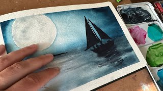 Watercolor Journal Day 102 (Whimsical Moon and Sailboat on the Water)