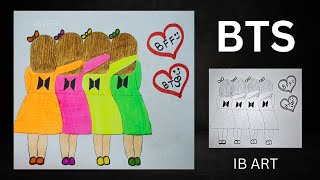 BTS girl drawing - pencil sketch / How to draw a girl with heart BTS logo / BTS Army Easy Drawing