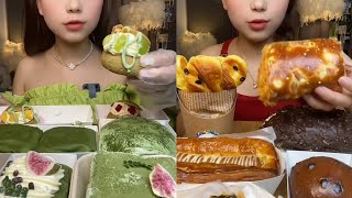 Asmr Eating Crepe Cake,Matcha Cake,Choco Cake,Roll Cake,Puff,Eating Matcha Cake Dessert Mukbang