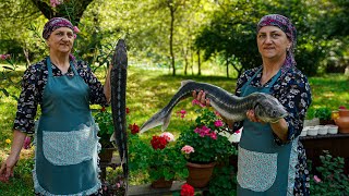 Cooking giant sturgeon in the village! - Grilled Sturgeon kebab and fry recipe