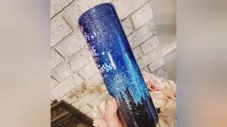 Ombre Sky Tumbler with Glitter over Spray Paint Tree line.  Spray Paint used to Glitter