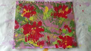 114_Red Flowesr acrylic painting & monotype (3/3) / Fun and easy art work  (#199A3)