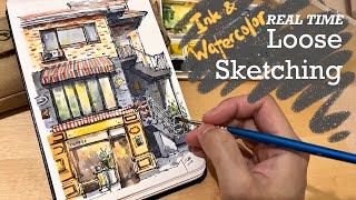 How I sketch an urban scene with ink and watercolour| shops in Seoul