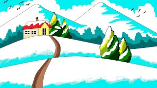 How to draw in computer || easy scenery drawing || microsoft paint || ms paint || winter scenery