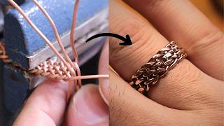 Making a wicker-shaped knitted ring by using old copper cables