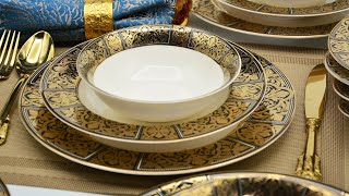 Customized top class luxury embossed gold ceramic dinnerware set manufacturers From China