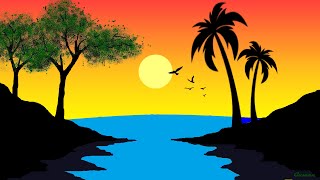 MS Paint Drawing Tutorial | Drawing in Computer | Easy Sunset Scenery with Coconut Tree on an Island