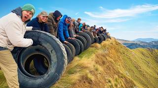 100 Tires Vs Mountain! Extreme Destruction Bowling