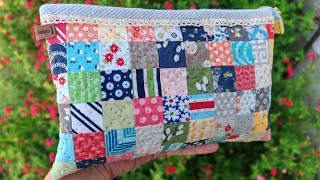 Patchwork zipper pouches/hand sewing/hand quilted/ matelassés par main/trousse/handmade/拼布拉链包#0086