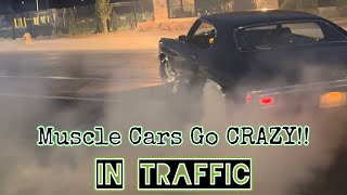 1970 Chevelle SS , and Other Muscle Cars Do Burnouts in Traffic!! ** MUST SEE**