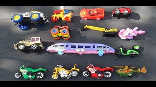 collect toy from water Tractor, Lift Truck, Race Cars, Mixer Truck, Excavator, Bus, bullet train