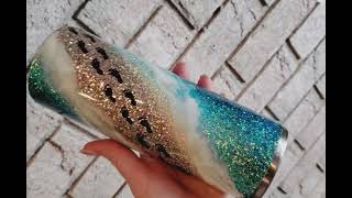 Footprint Tumbler with UV Resin for Epoxy Waves ~ Glitter Tumblers ~ Ombre Beach Tumber